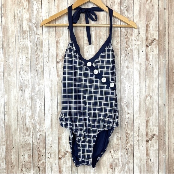 Modcloth Navy Plaid Sleeveless V-Neck One Piece Swimsuit Size XS Women - Picture 1 of 7